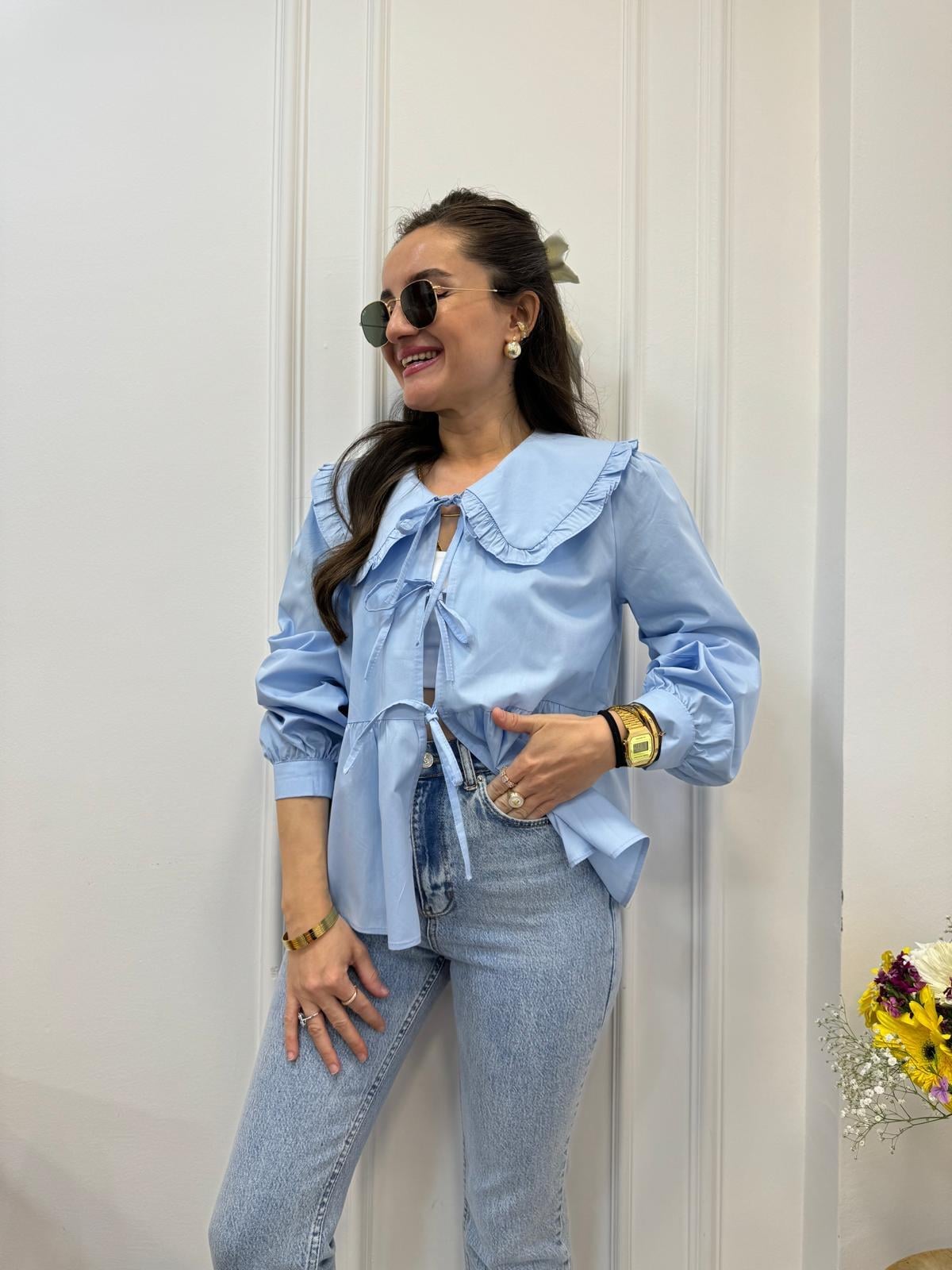 Mavi Bebe Yaka Önden Bağlamalı Bluz 34657
