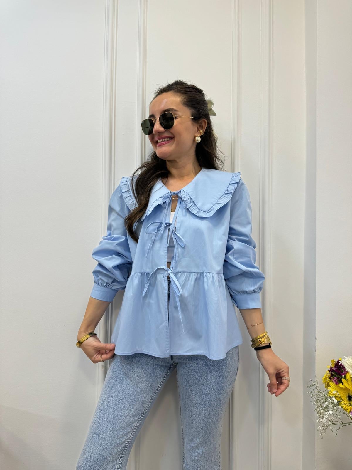 Mavi Bebe Yaka Önden Bağlamalı Bluz 34657