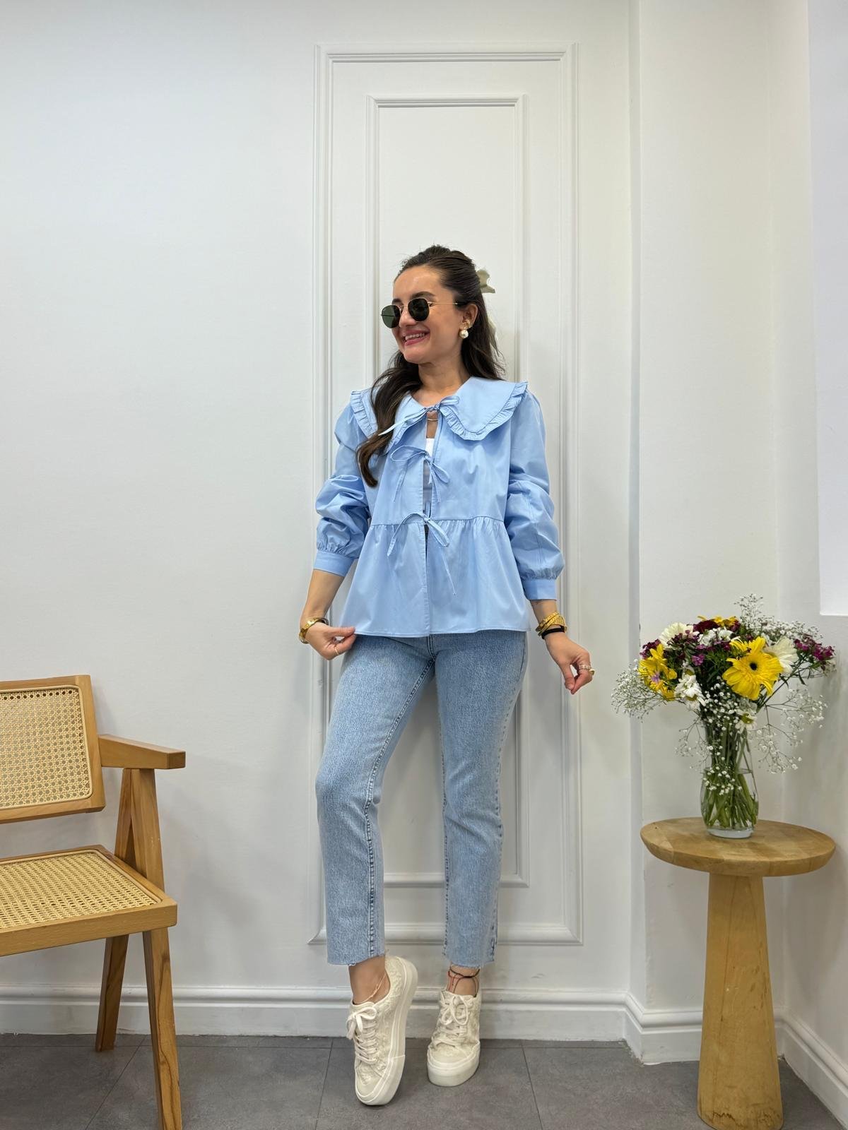 Mavi Bebe Yaka Önden Bağlamalı Bluz 34657