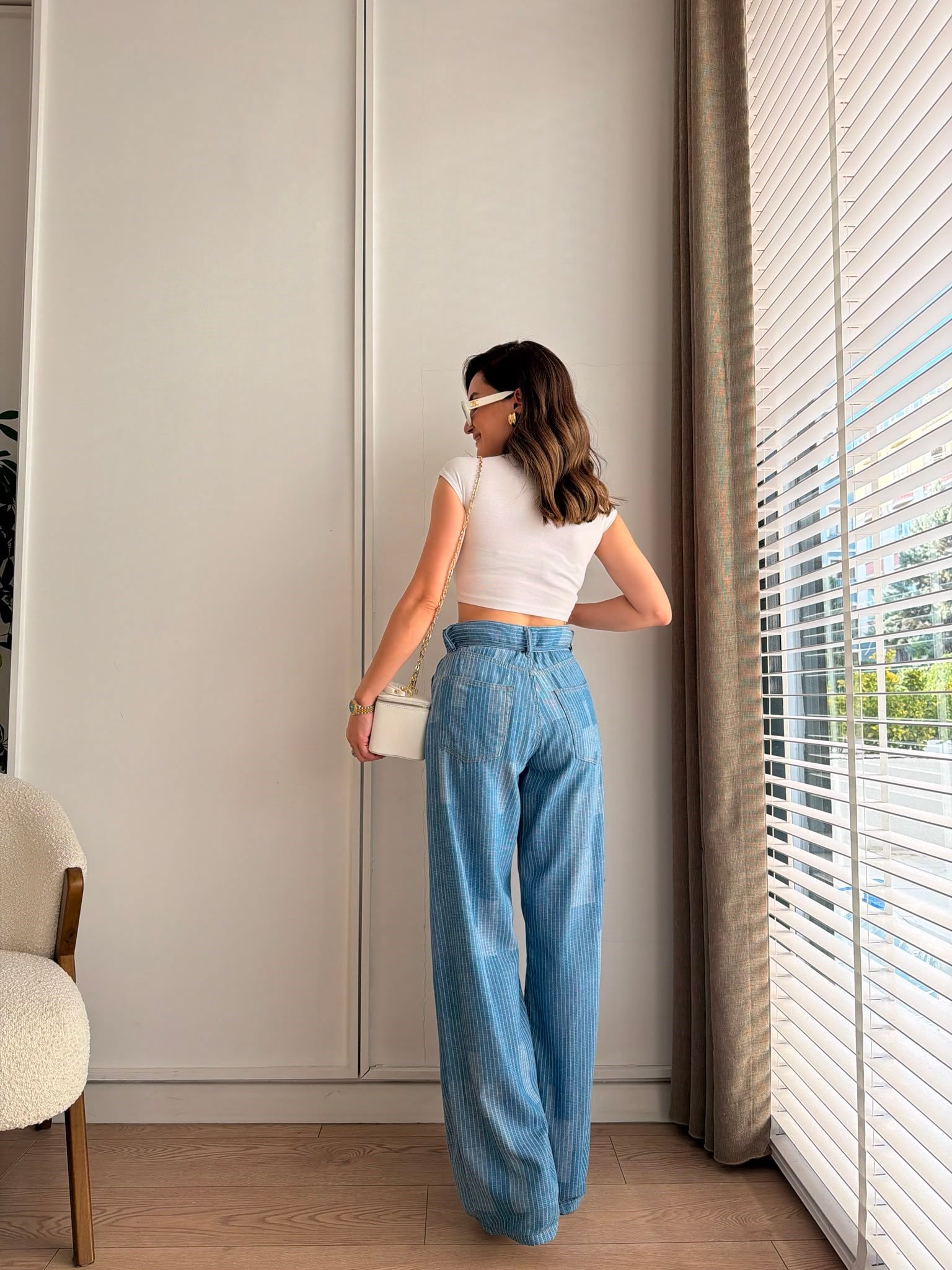 Mavi Bel Bağcıklı Çizgili Denim Pantolon 3630