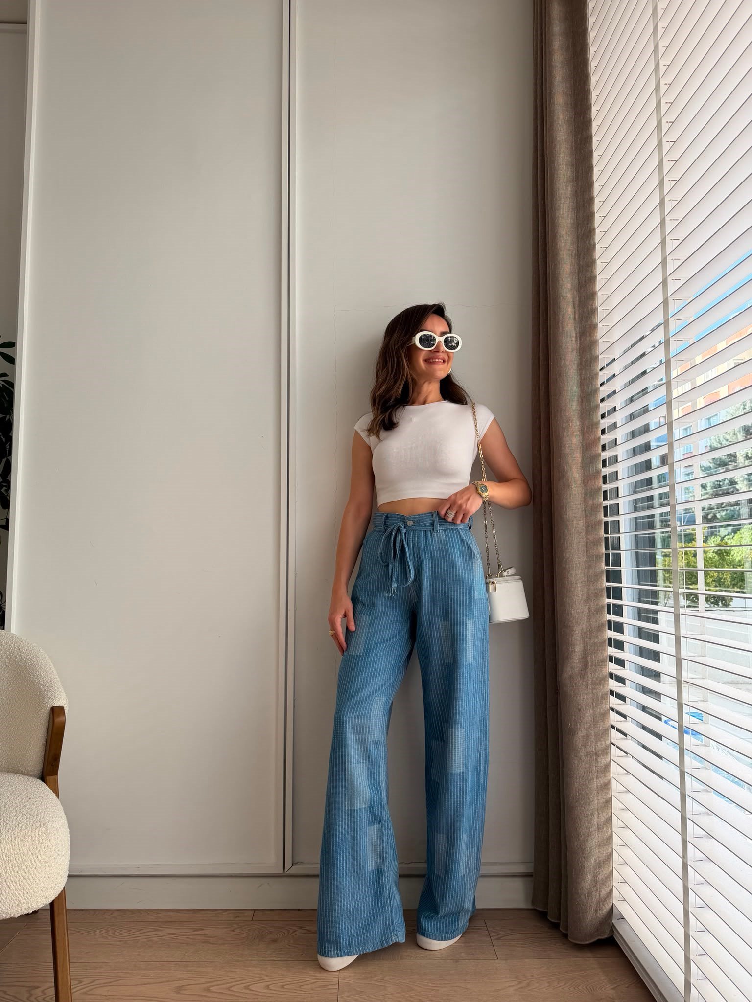 Mavi Bel Bağcıklı Çizgili Denim Pantolon 3630