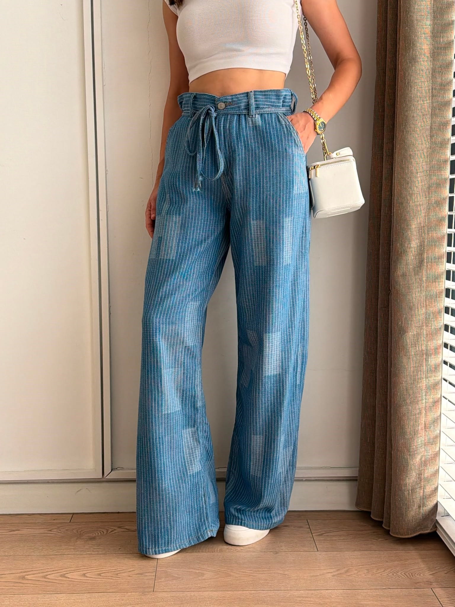 Mavi Bel Bağcıklı Çizgili Denim Pantolon 3630