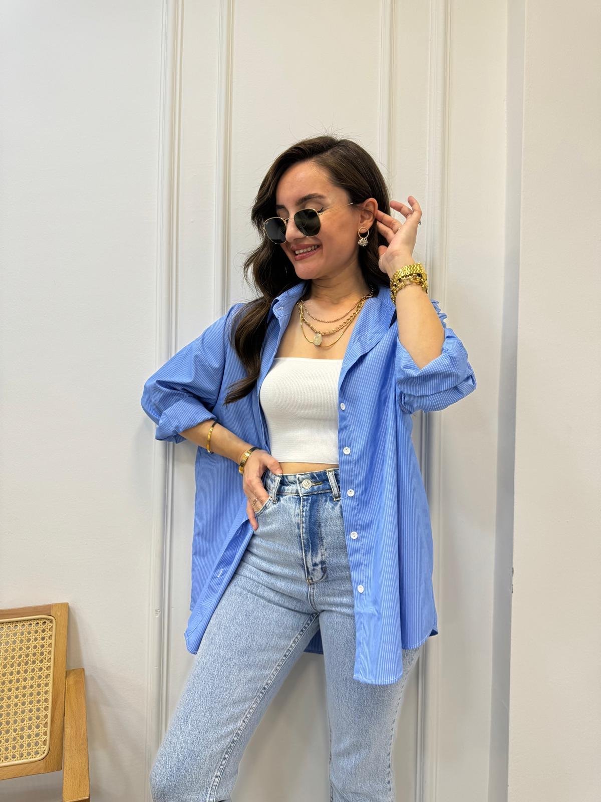 Mavi Beyaz Marin Çizgili Oversize Gömlek 5125