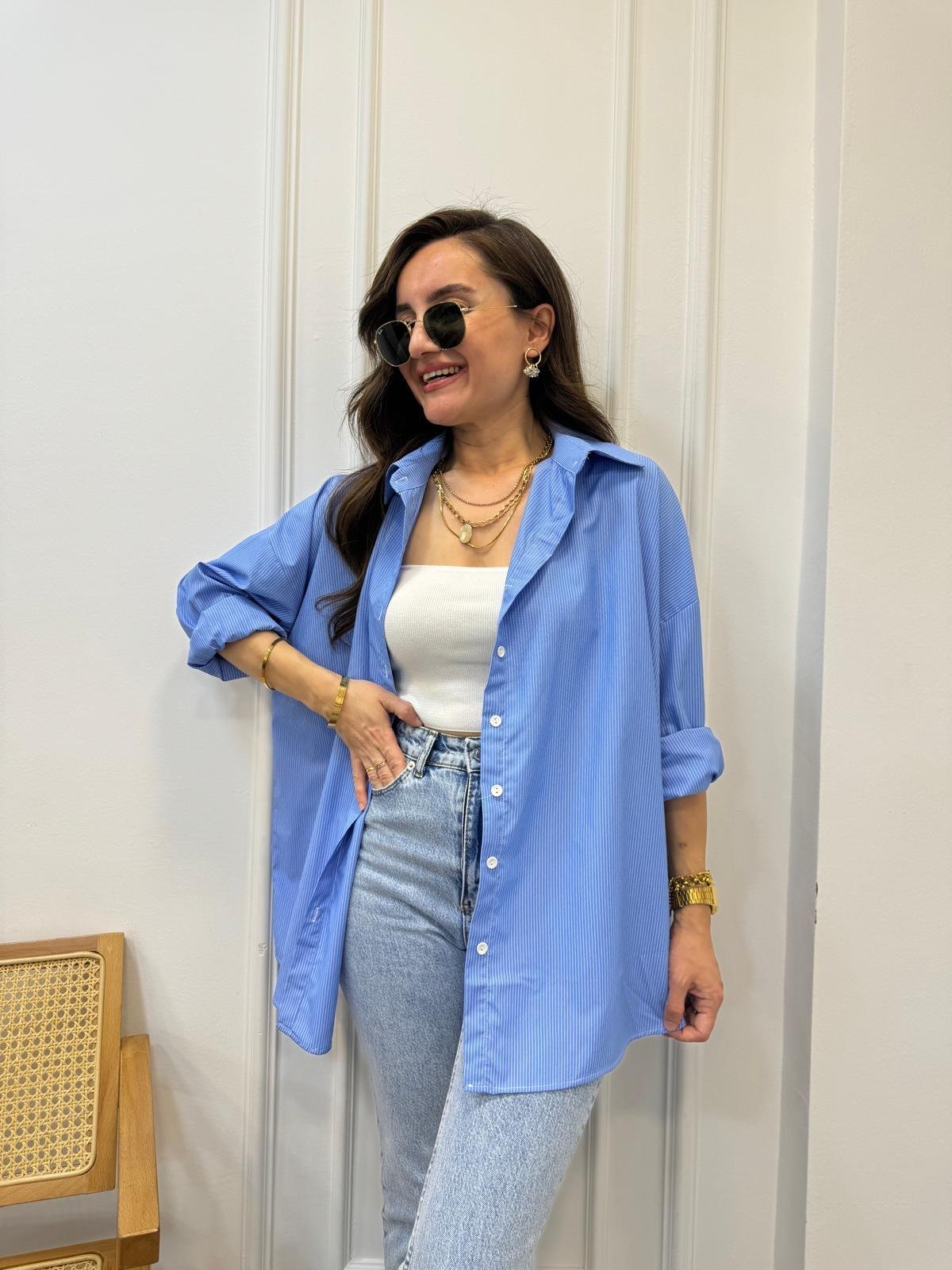 Mavi Beyaz Marin Çizgili Oversize Gömlek 5125