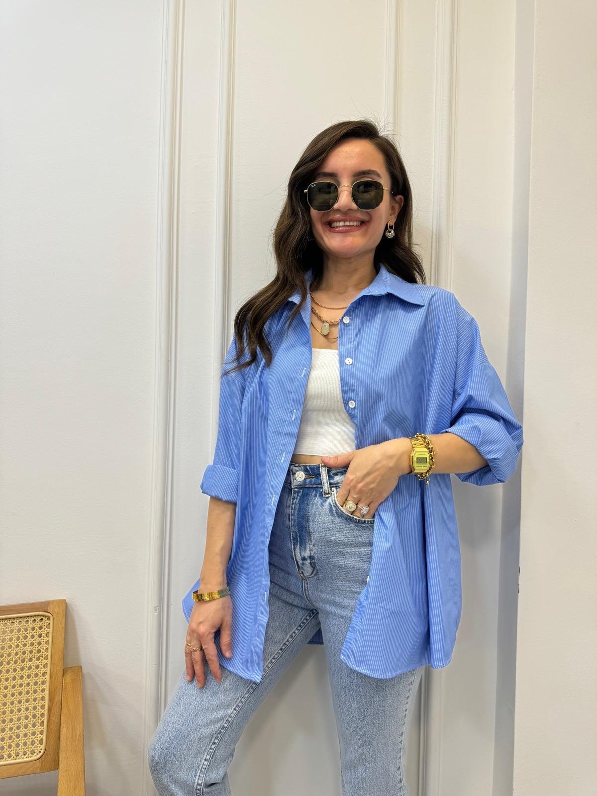 Mavi Beyaz Marin Çizgili Oversize Gömlek 5125