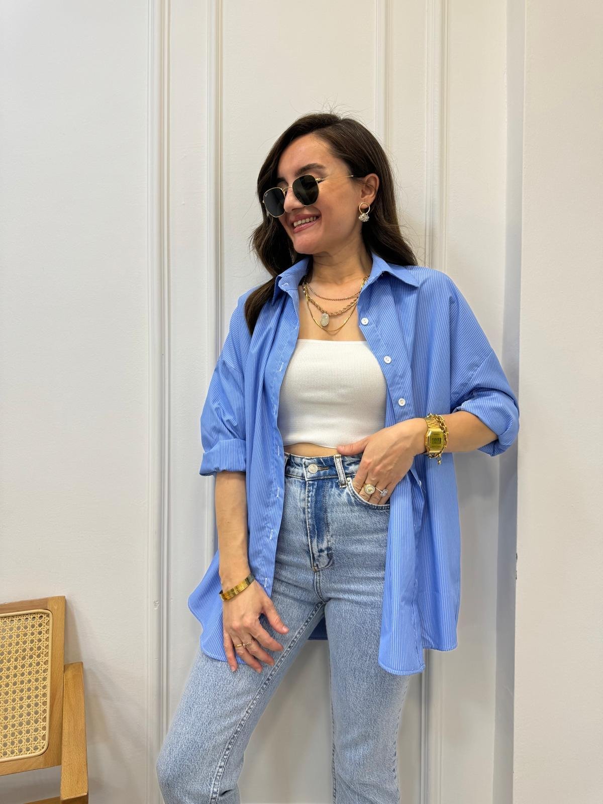 Mavi Beyaz Marin Çizgili Oversize Gömlek 5125