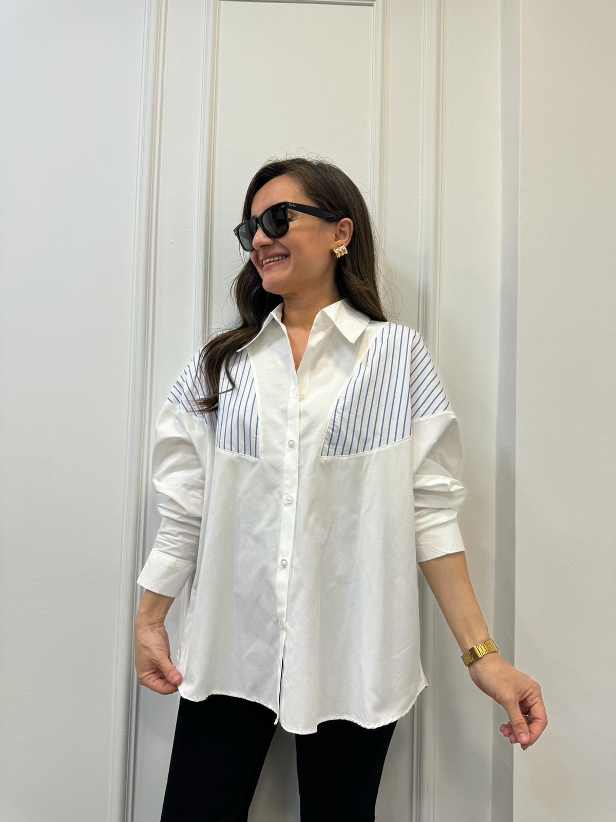 Mavi Beyaz Omuz Çizgi Detaylı Oversize Gömlek 28395