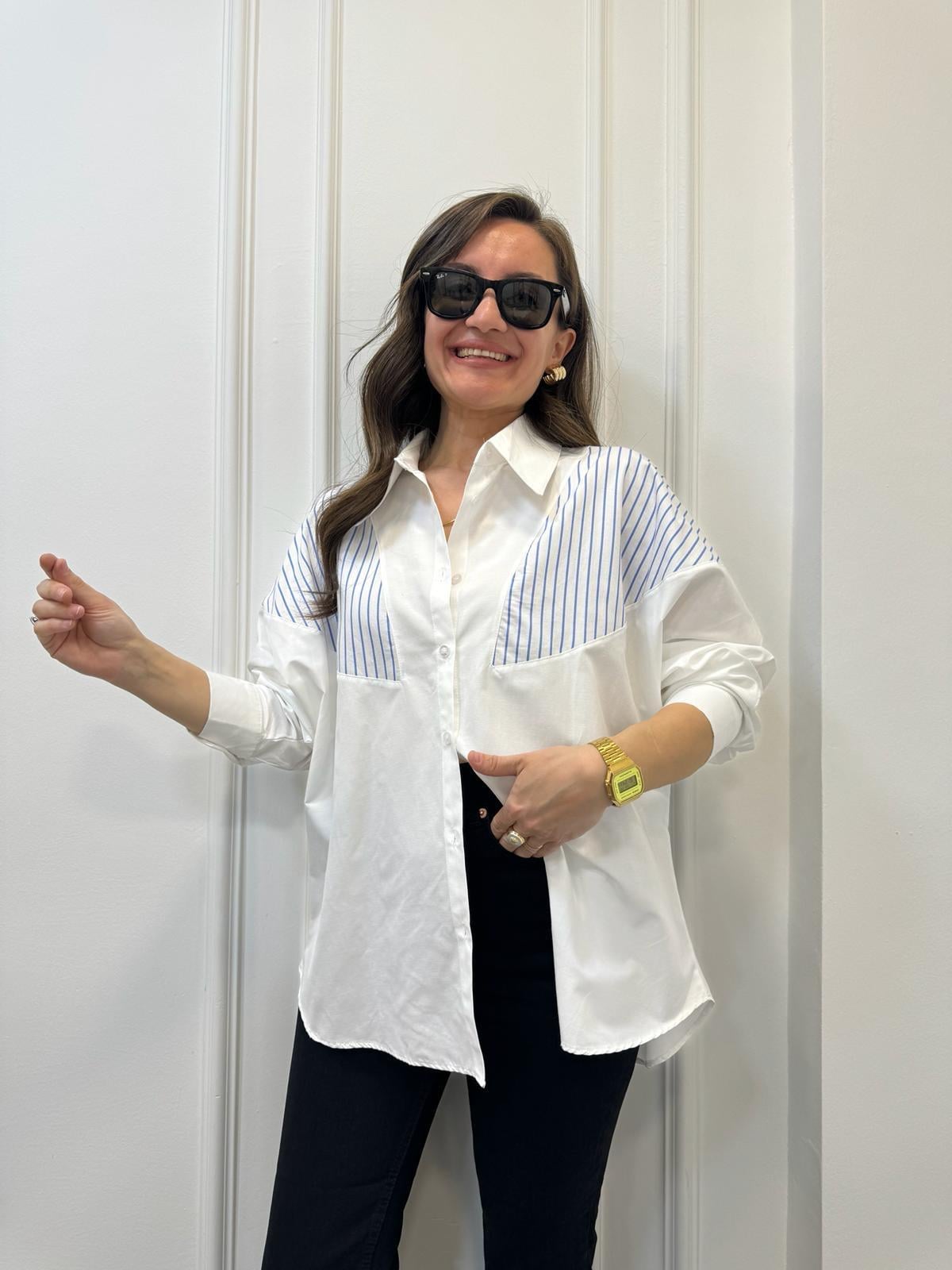 Mavi Beyaz Omuz Çizgi Detaylı Oversize Gömlek 28395