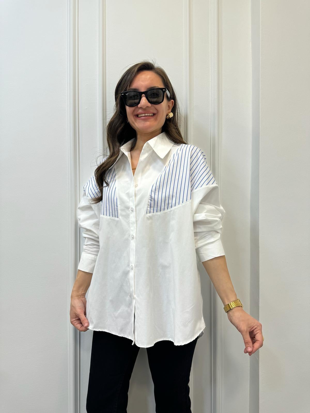 Mavi Beyaz Omuz Çizgi Detaylı Oversize Gömlek 28395