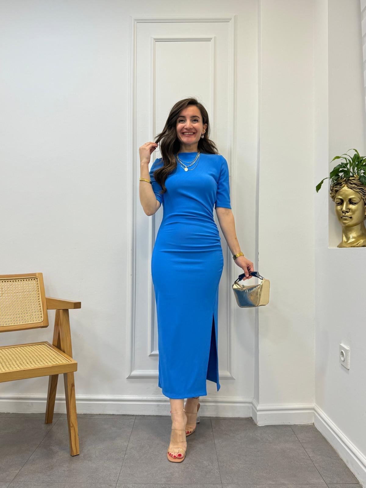 Mavi Bisiklet Yaka Yan Drapeli Ottoman Kumaş Elbise 1013