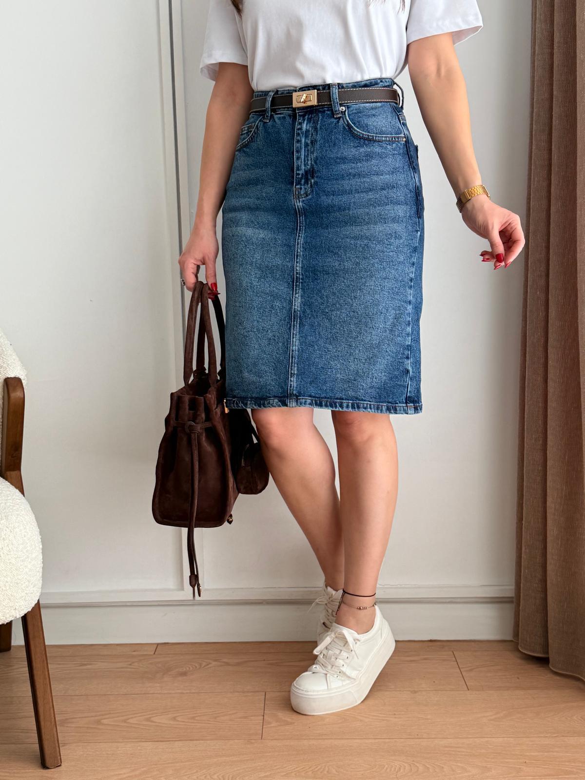 Mavi Cepli Denim Etek 1039