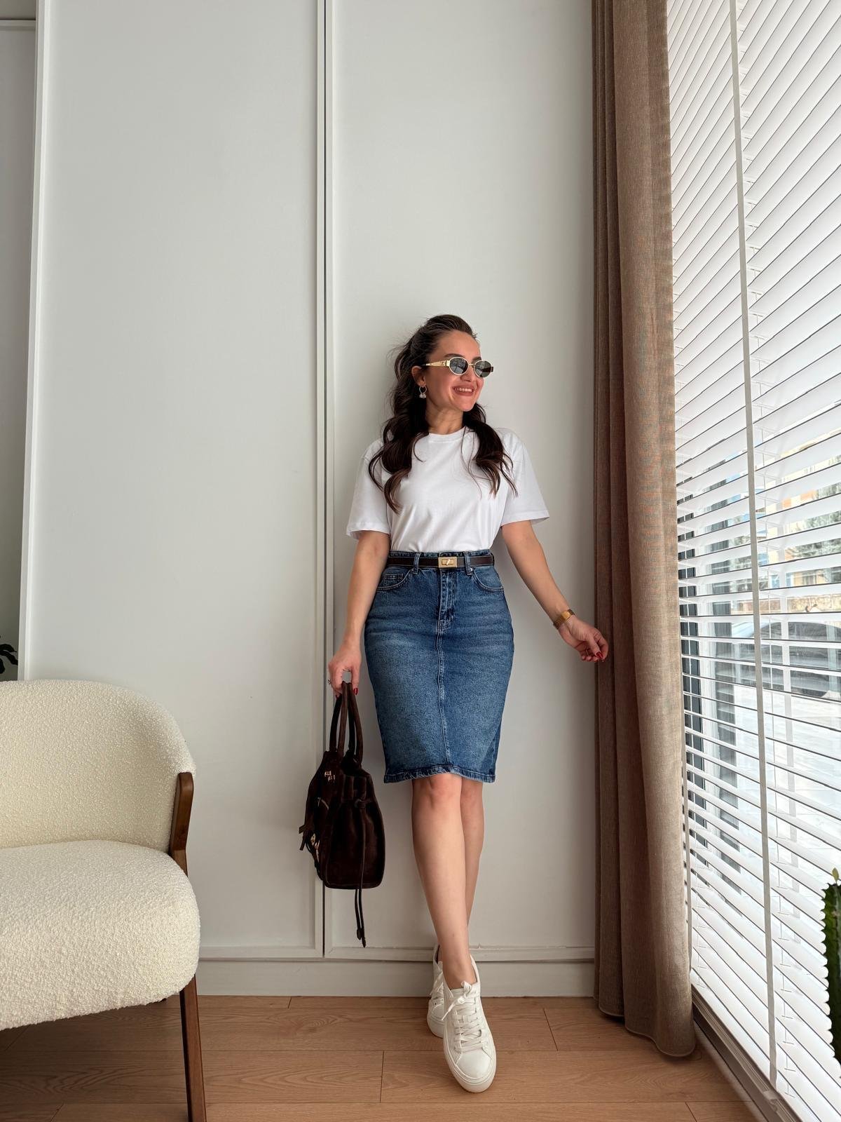 Mavi Cepli Denim Etek 1039