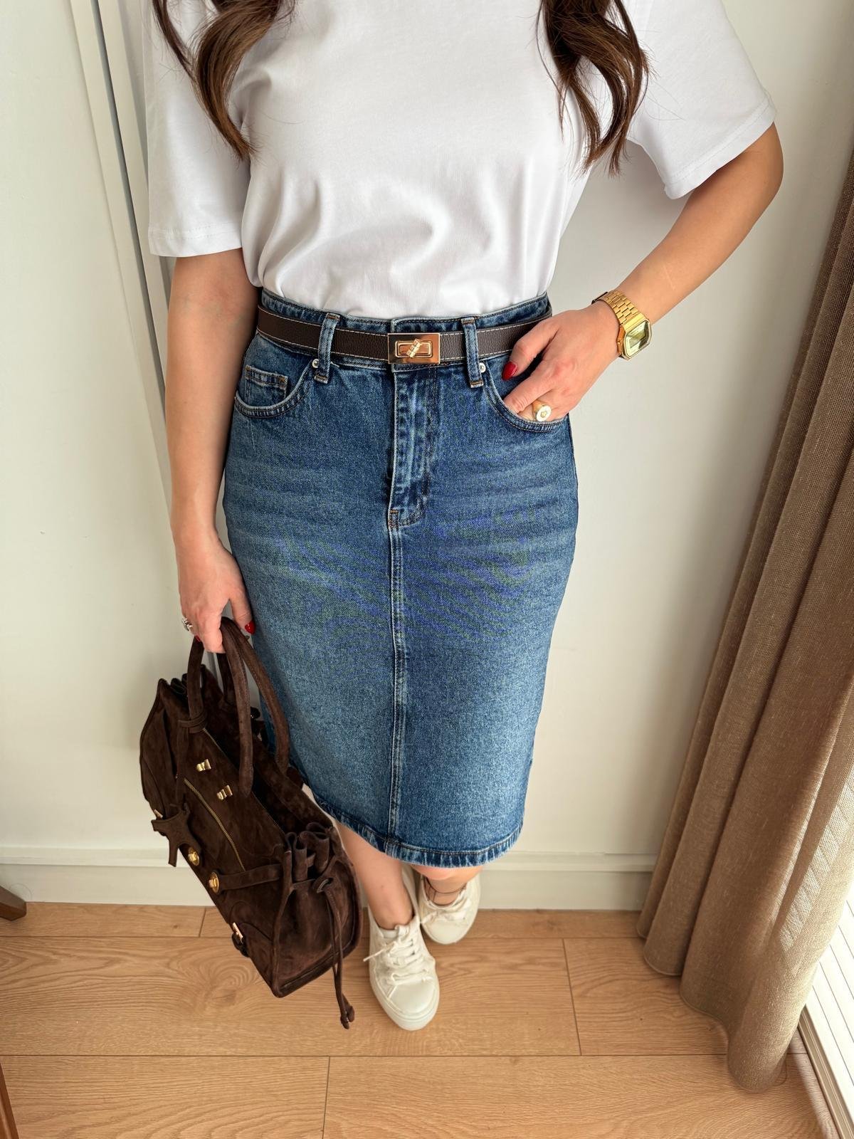 Mavi Cepli Denim Etek 1039