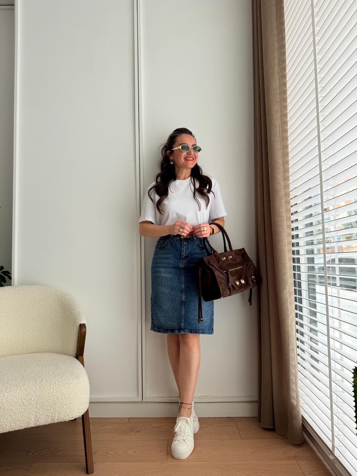 Mavi Cepli Denim Etek 1039