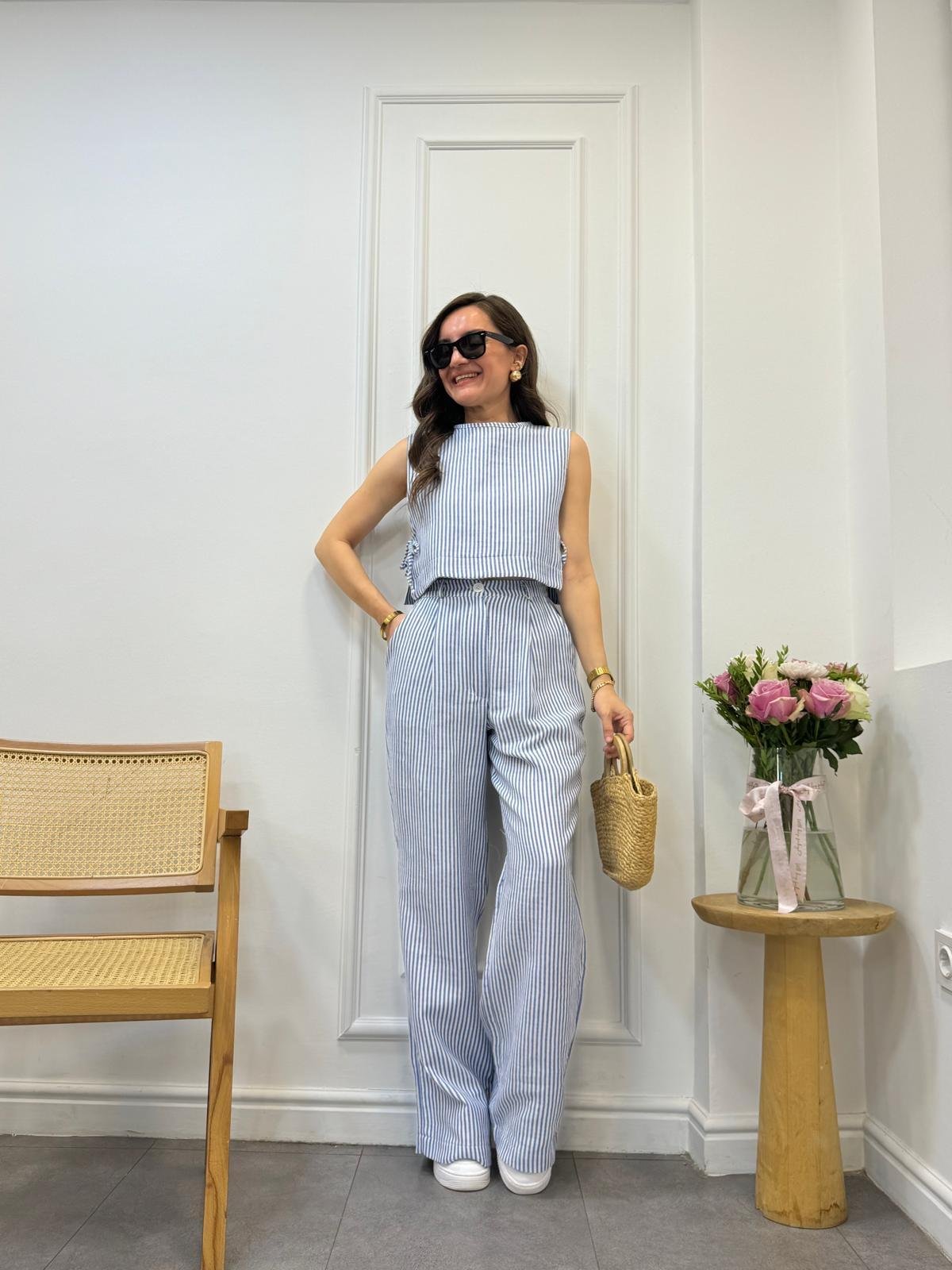 Mavi Çizgili Bol Paça Pantolon Bluz Takım 58866