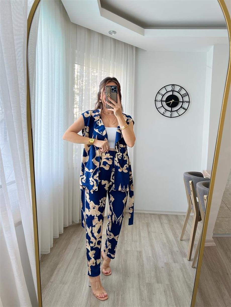 Mavi Desenli Kuşaklı Yelek Pantolon Takım 715