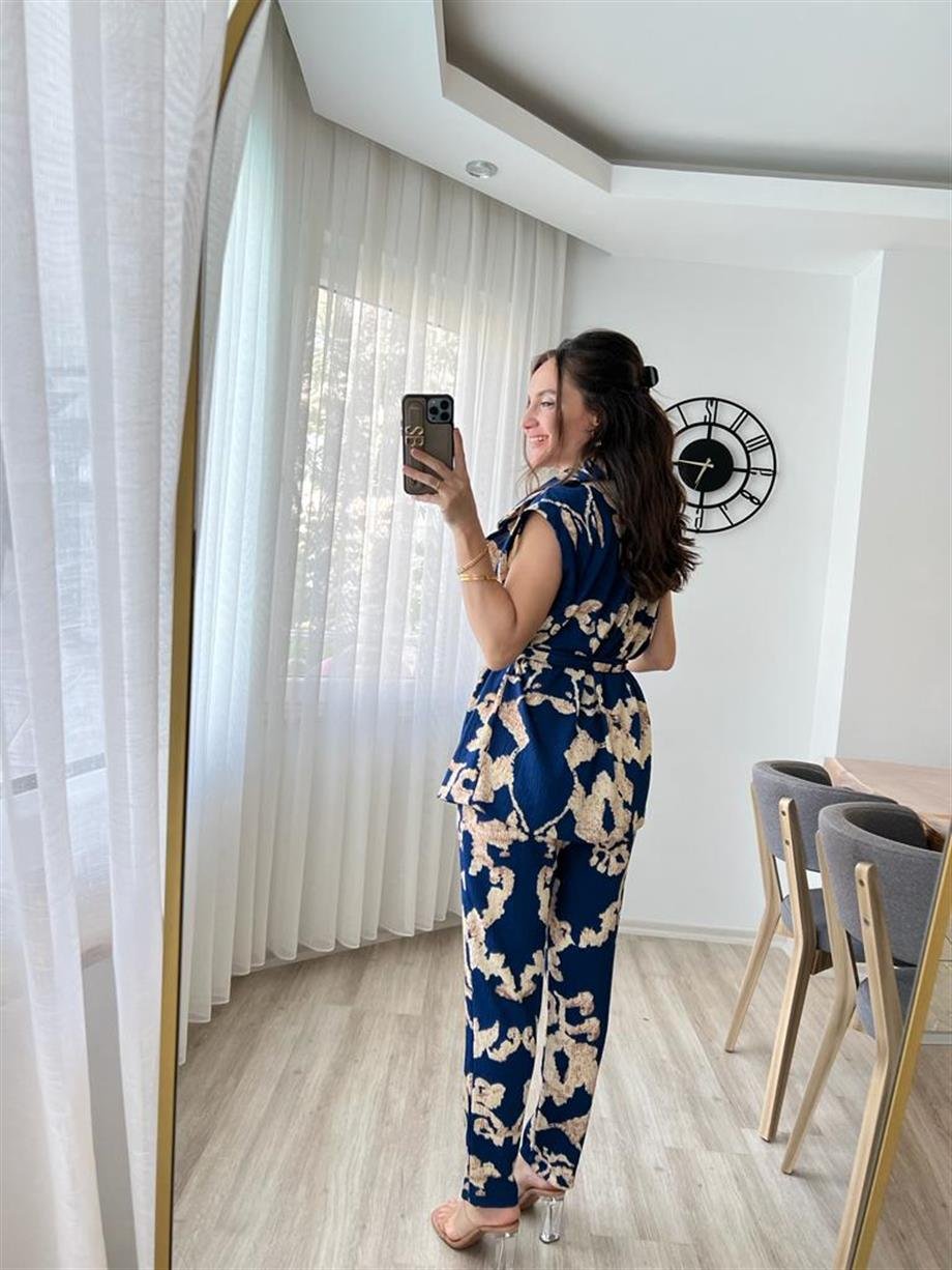 Mavi Desenli Kuşaklı Yelek Pantolon Takım 715
