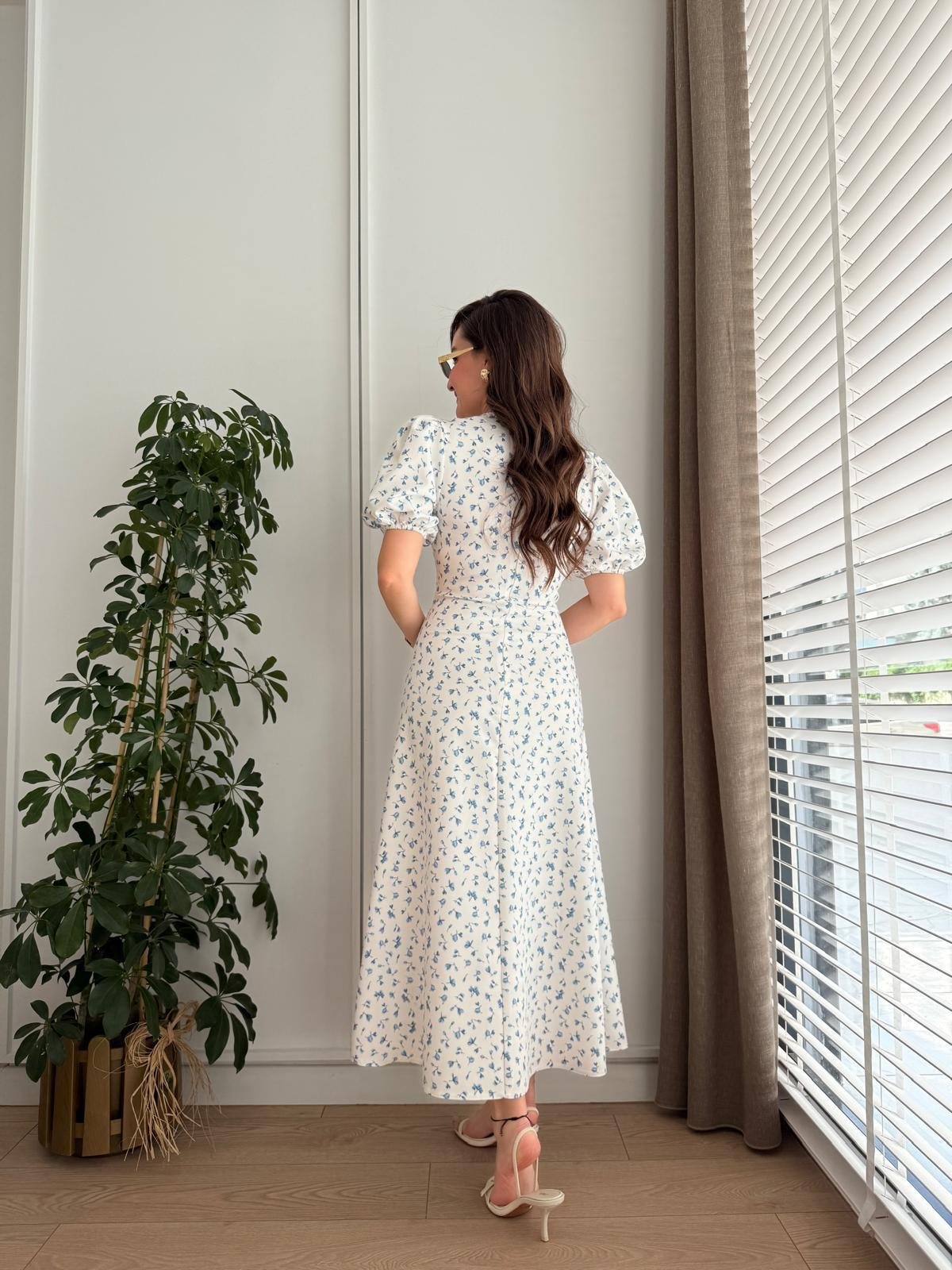 Mavi Dijital Çiçek Baskılı Balon Kol Elbise 8955