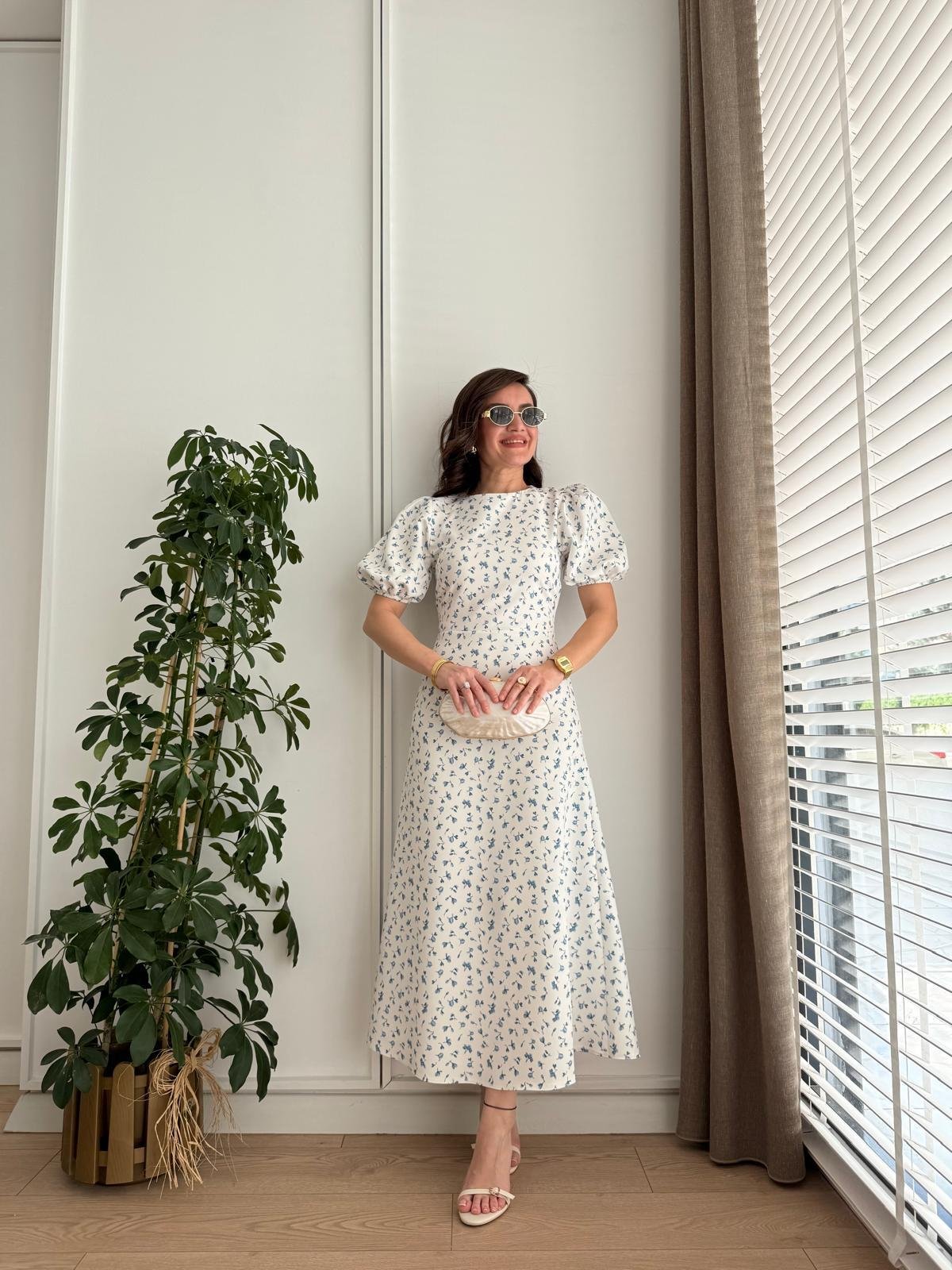 Mavi Dijital Çiçek Baskılı Balon Kol Elbise 8955