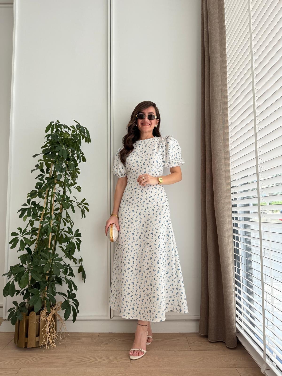 Mavi Dijital Çiçek Baskılı Balon Kol Elbise 8955