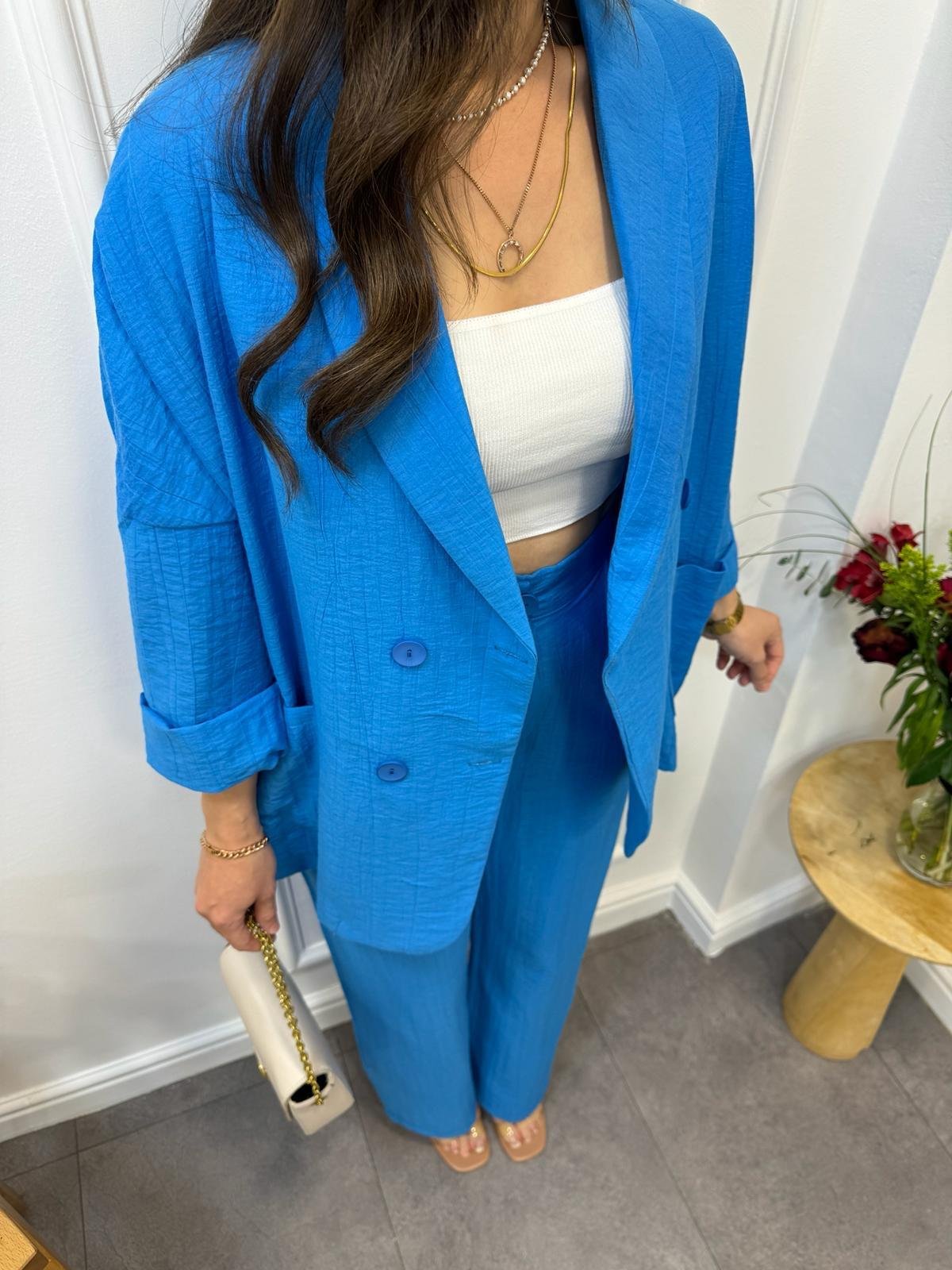 Mavi Dört Düğmeli Blazer Pantolon Keten Takım 9006