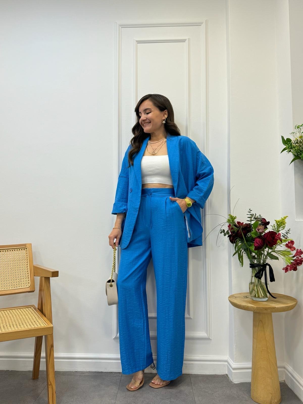 Mavi Dört Düğmeli Blazer Pantolon Keten Takım 9006