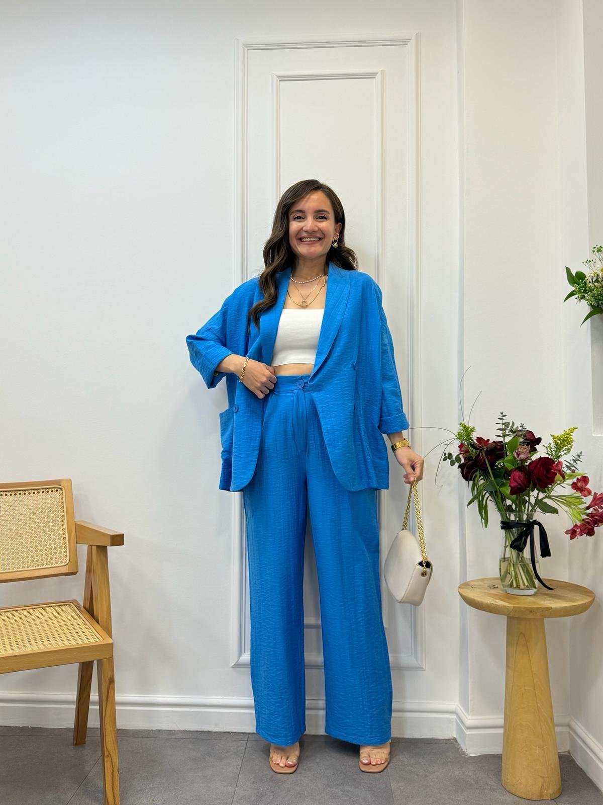 Mavi Dört Düğmeli Blazer Pantolon Keten Takım 9006