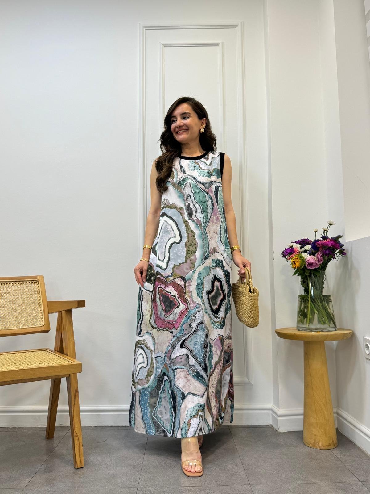 Mavi Ebruli Desen Yırtmaçlı Elbise 9108