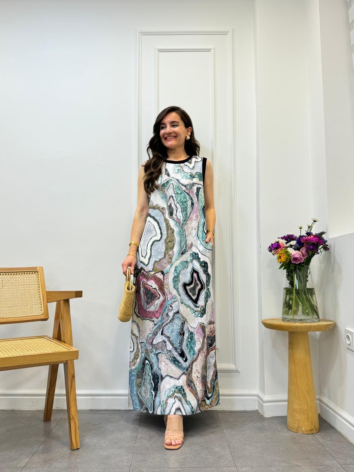 Mavi Ebruli Desen Yırtmaçlı Elbise 9108