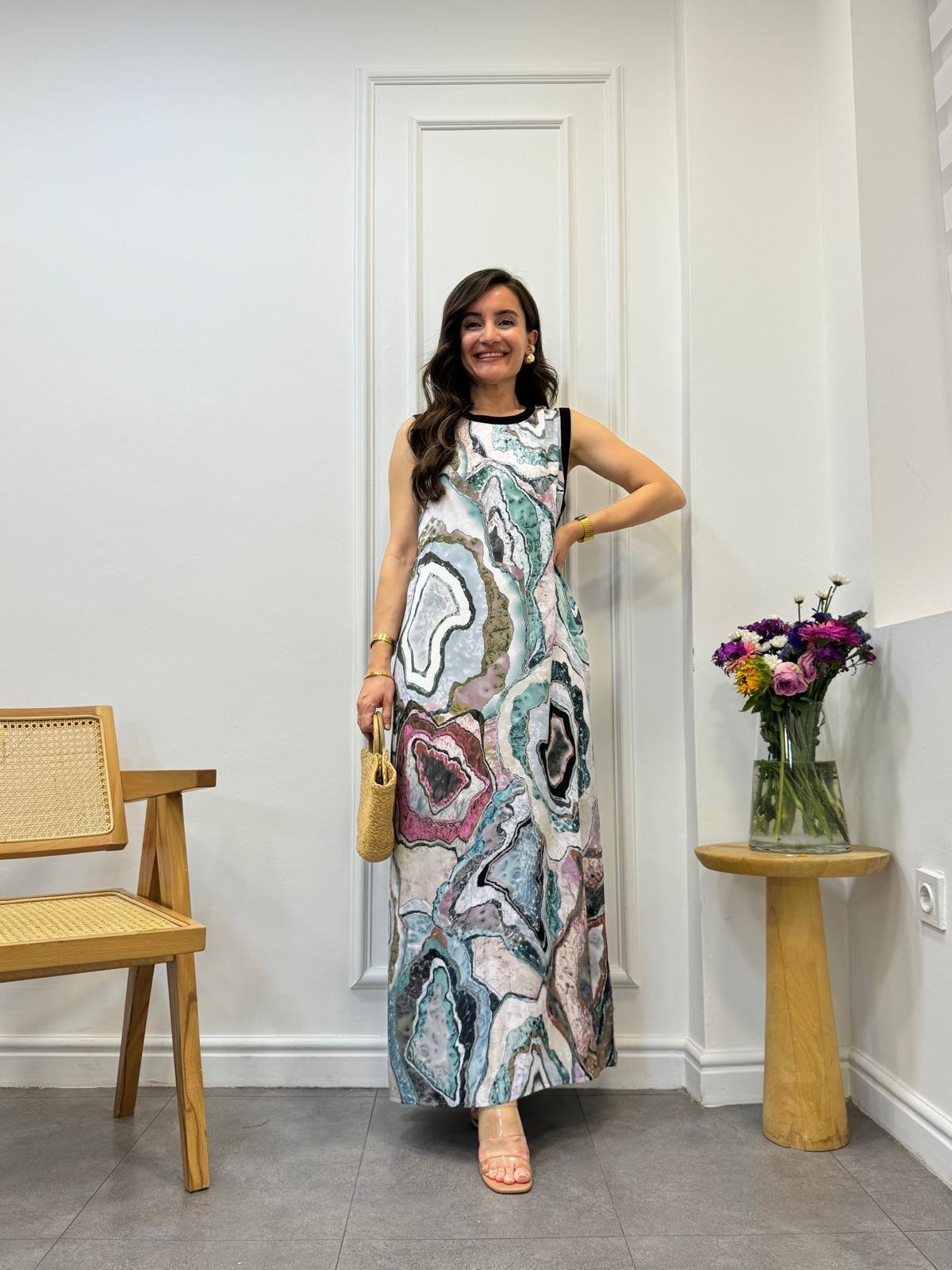 Mavi Ebruli Desen Yırtmaçlı Elbise 9108