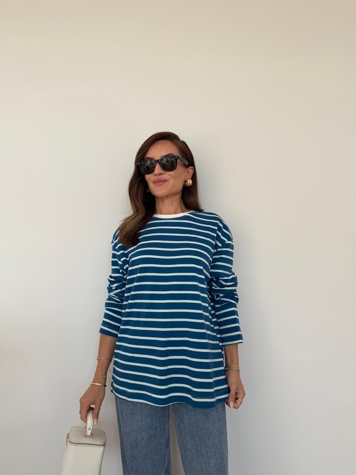 Mavi Ekru Çizgili Basic Sweatshirt 261147