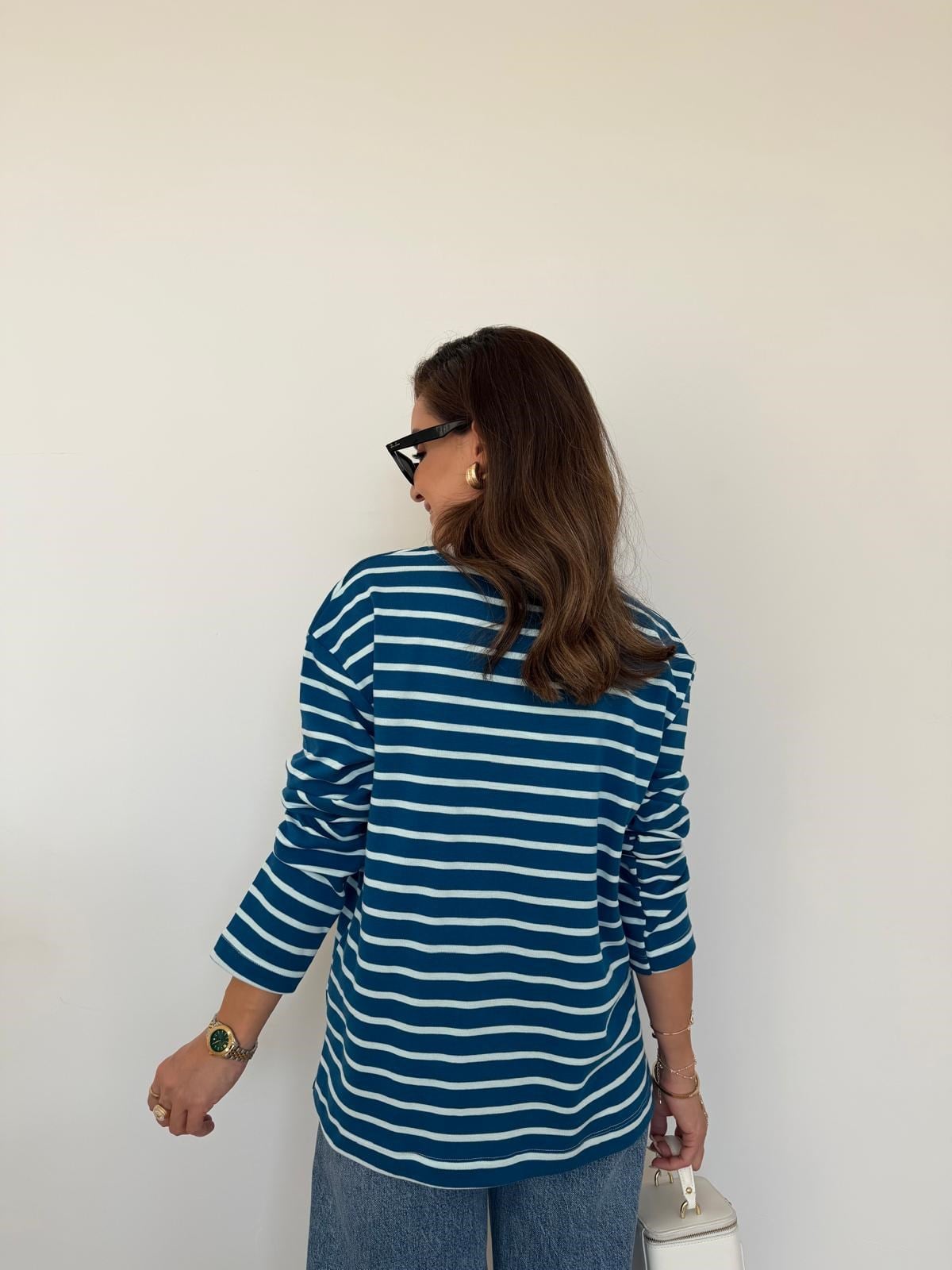 Mavi Ekru Çizgili Basic Sweatshirt 261147