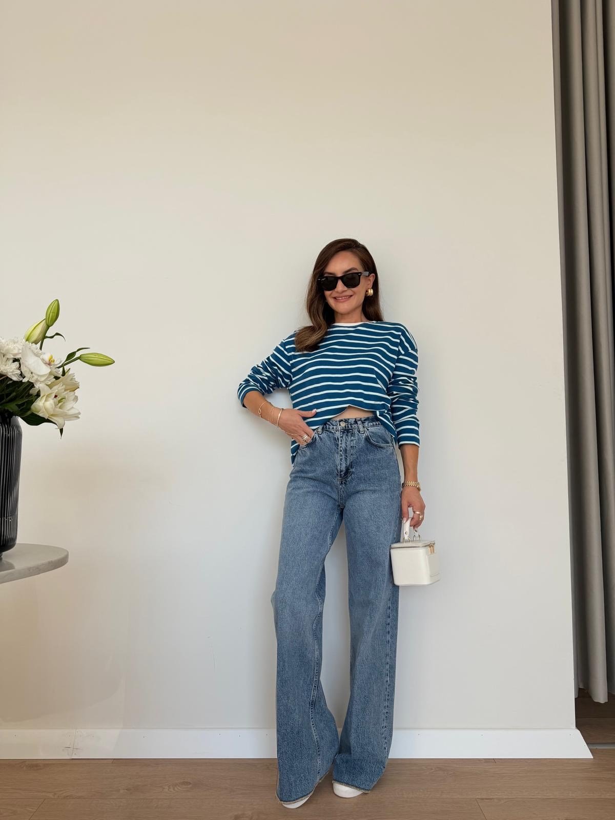 Mavi Ekru Çizgili Basic Sweatshirt 261147