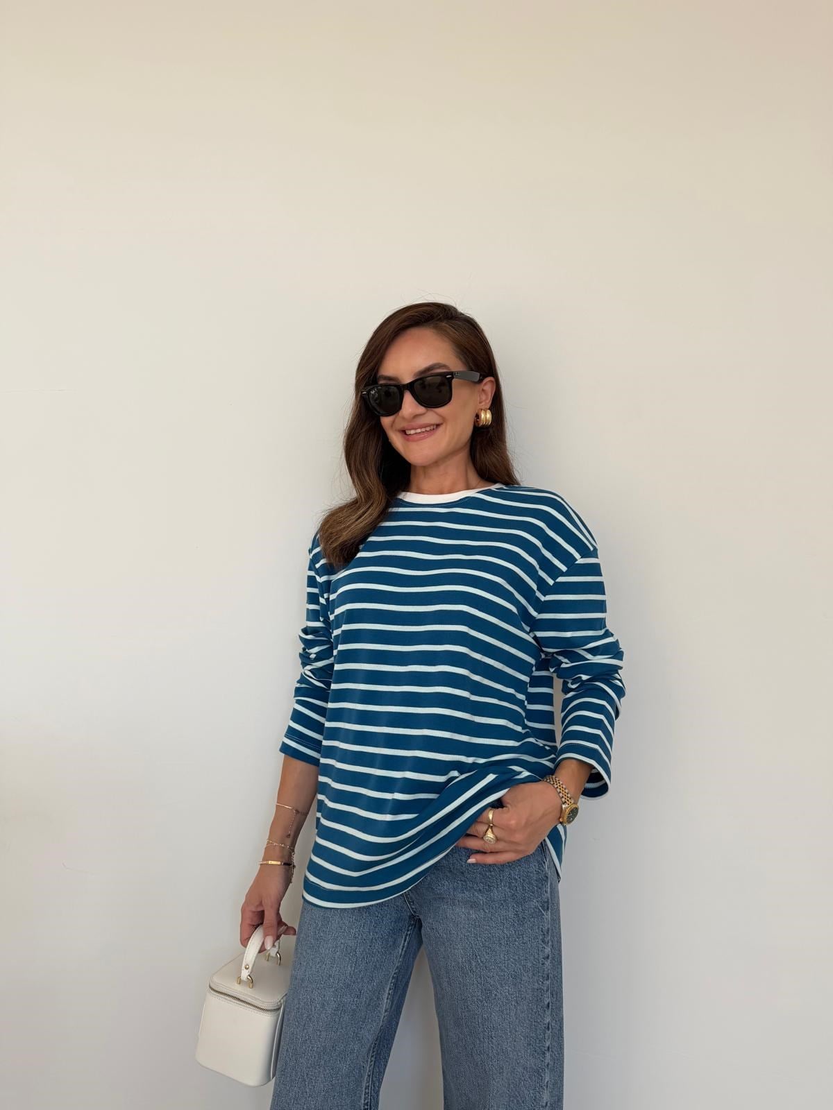 Mavi Ekru Çizgili Basic Sweatshirt 261147