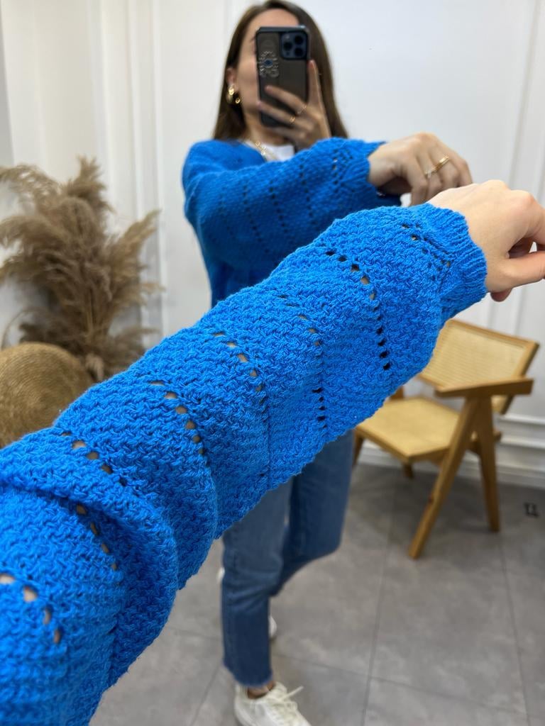 Mavi Kahve Düğme Detaylı Örme Hırka 2809
