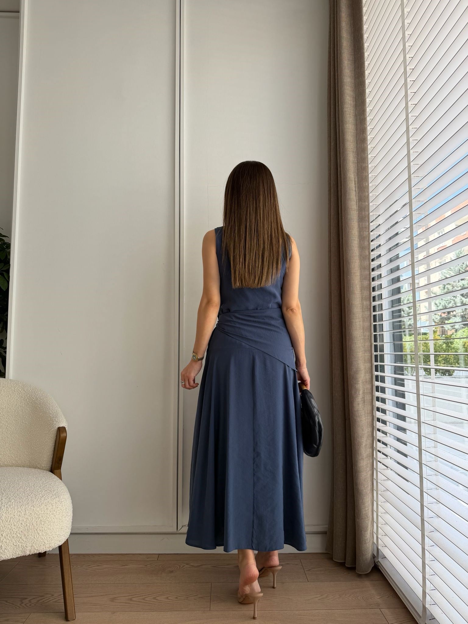 Mavi Kare Yaka Yandan Bağlamalı Modal Elbise 0230