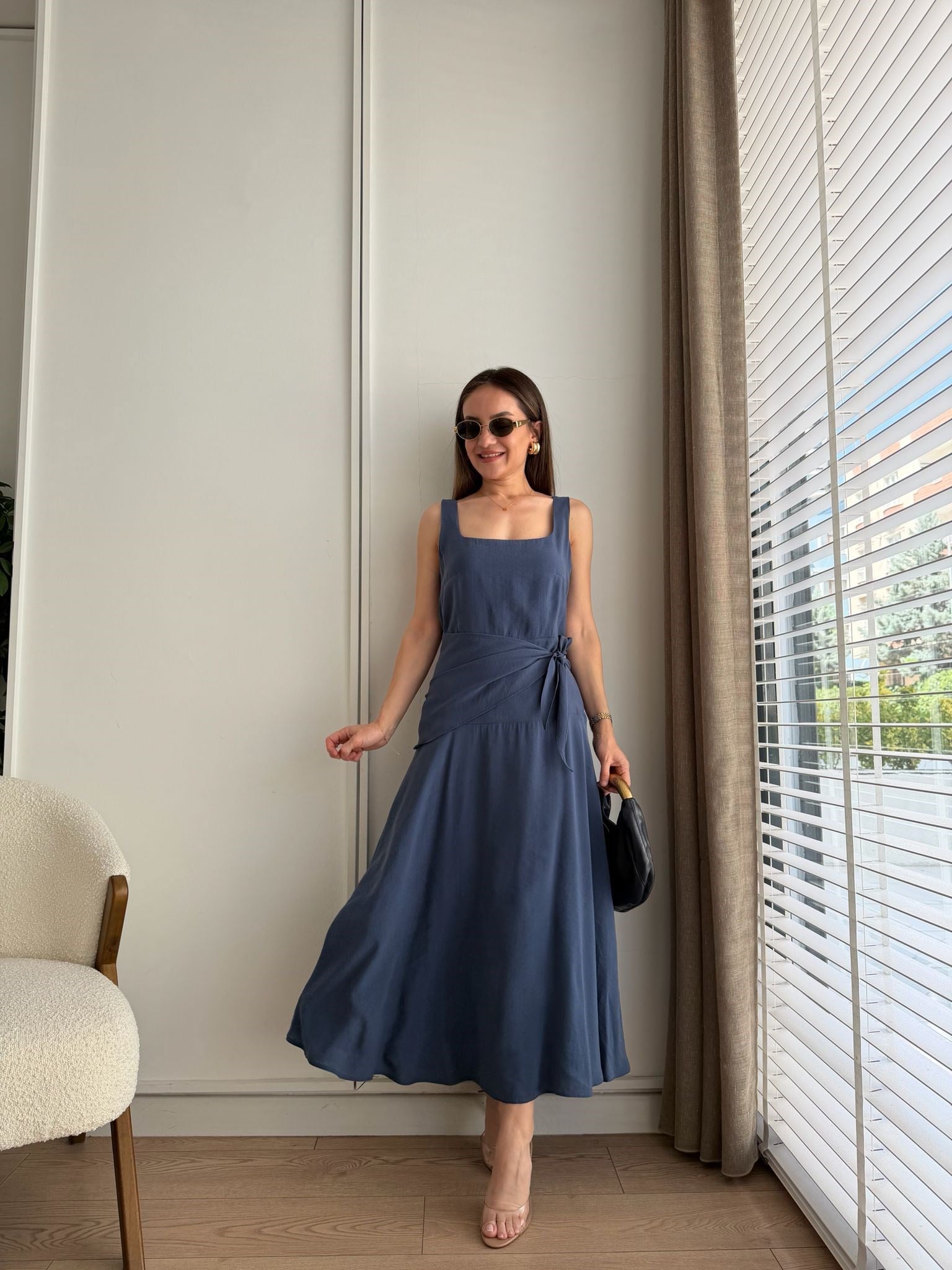 Mavi Kare Yaka Yandan Bağlamalı Modal Elbise 0230