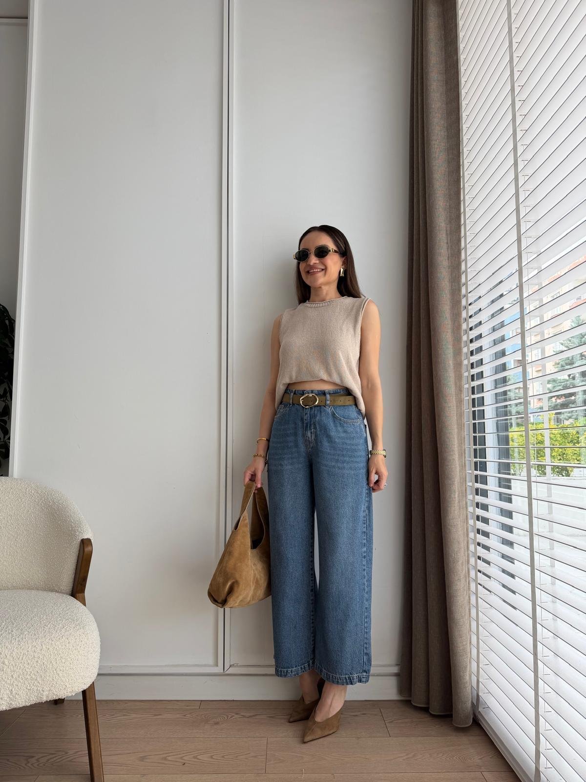 Mavi Kemerli Bilek Boy Bol Paça Tensel Jean 1026
