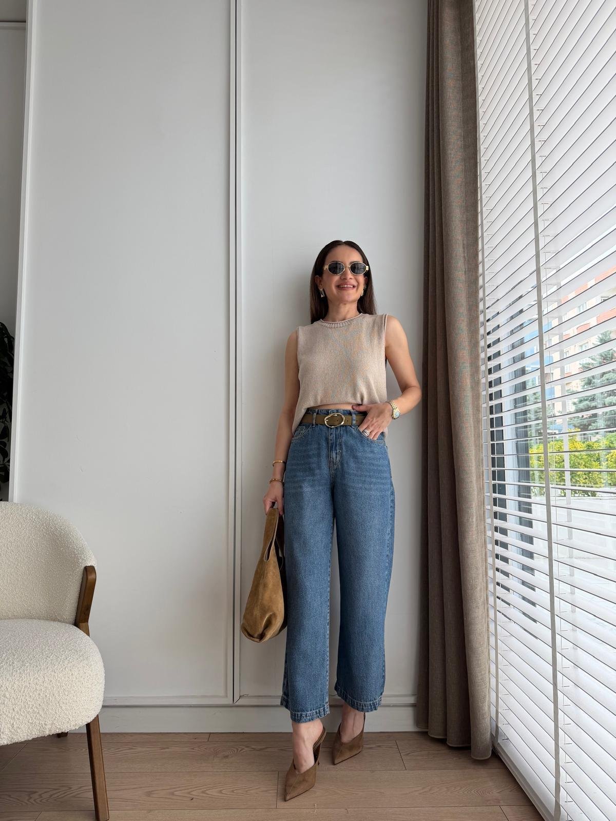 Mavi Kemerli Bilek Boy Bol Paça Tensel Jean 1026