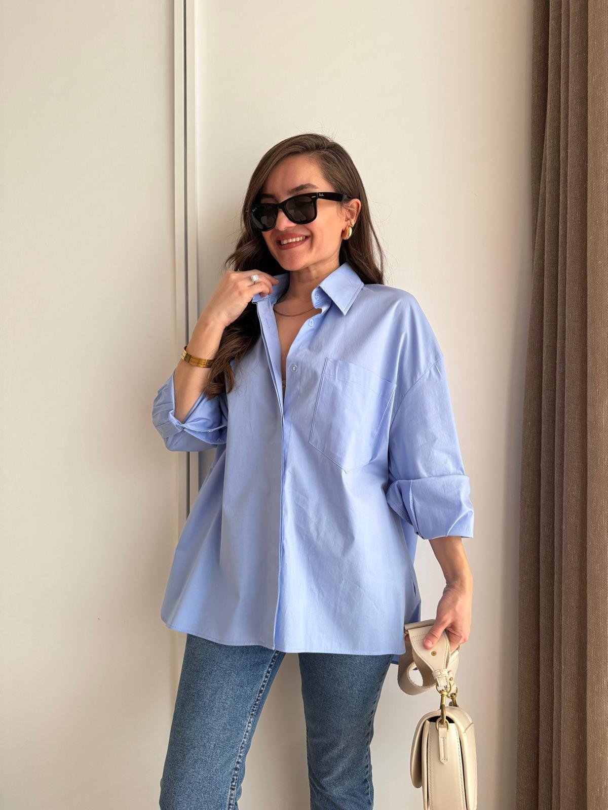 Mavi Kol Manşetli Cepli Oversize Gömlek 5260