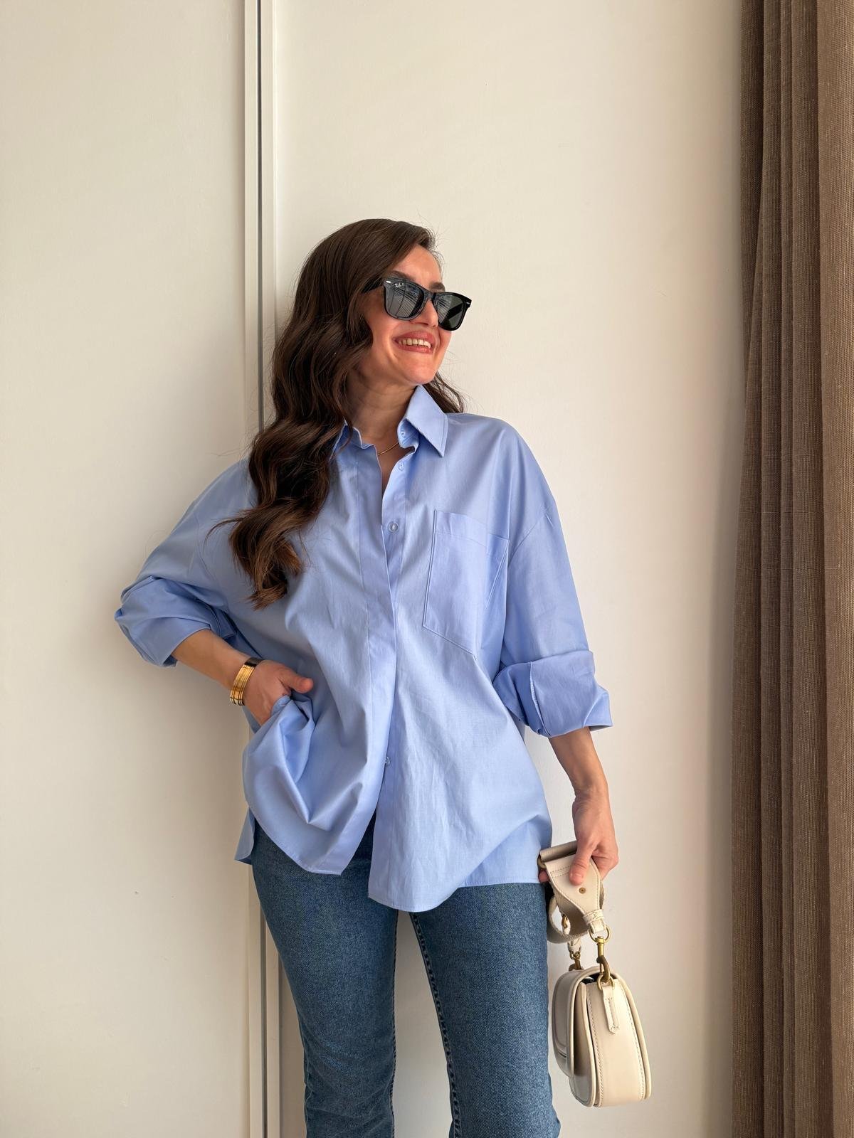 Mavi Kol Manşetli Cepli Oversize Gömlek 5260