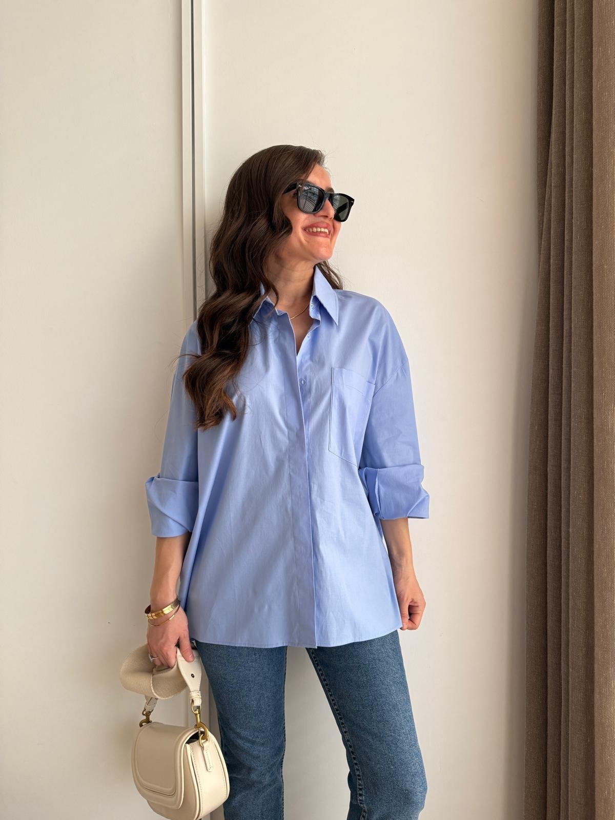 Mavi Kol Manşetli Cepli Oversize Gömlek 5260