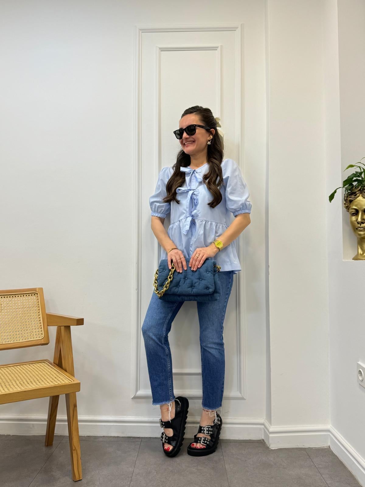 Mavi Kurdele Bağlamalı Tasarım Bluz 34639