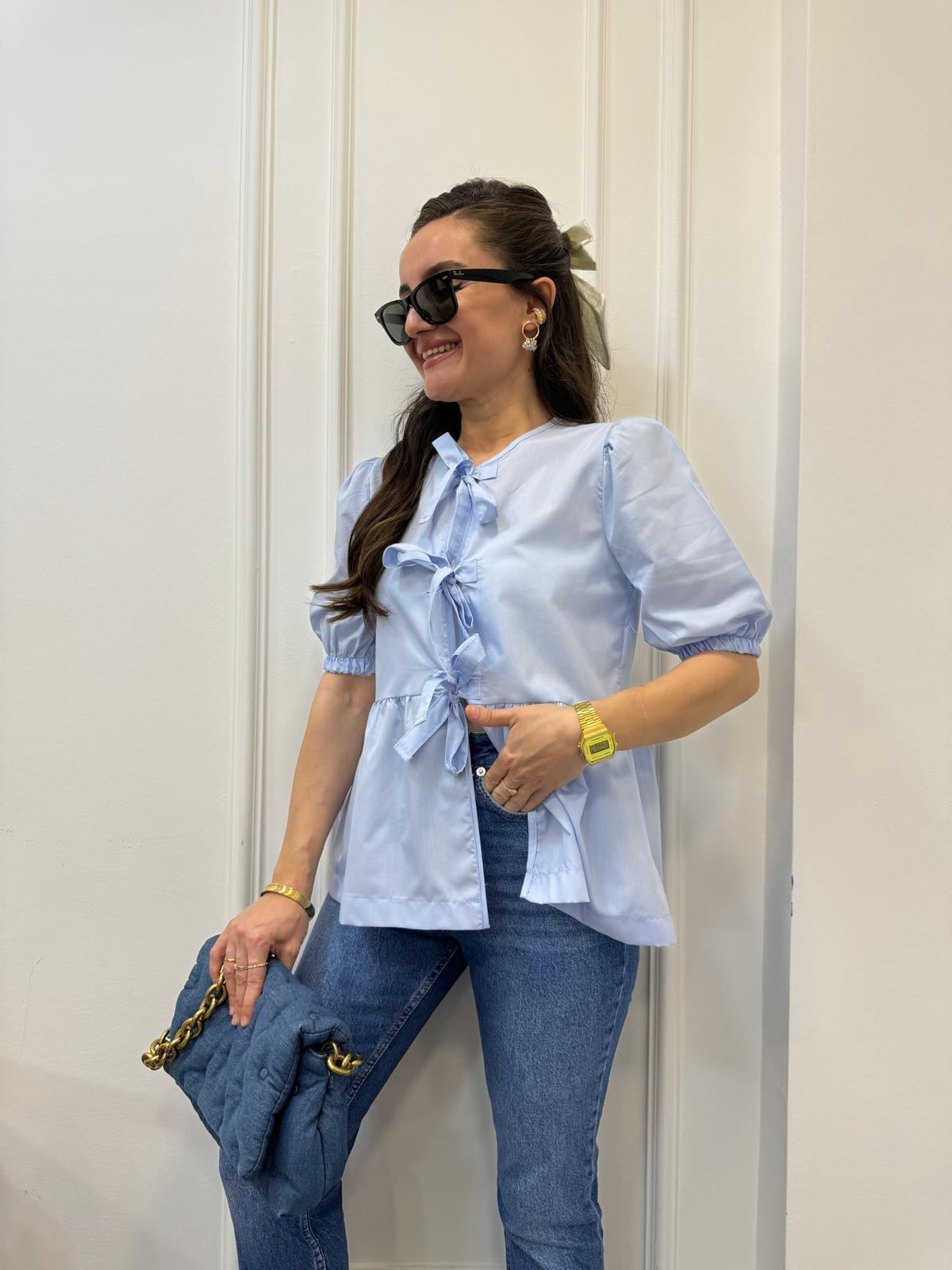 Mavi Kurdele Bağlamalı Tasarım Bluz 34639