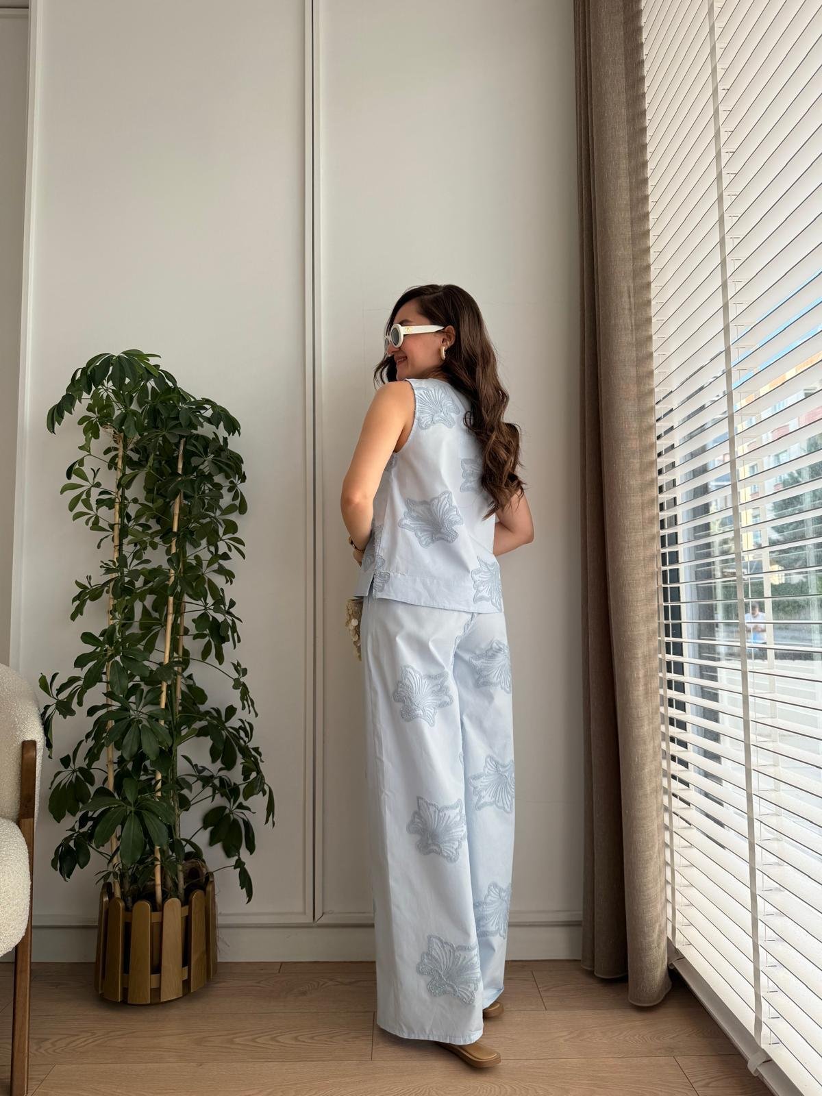 Mavi Nakış Detaylı Bluz Pantolon Takım 16871