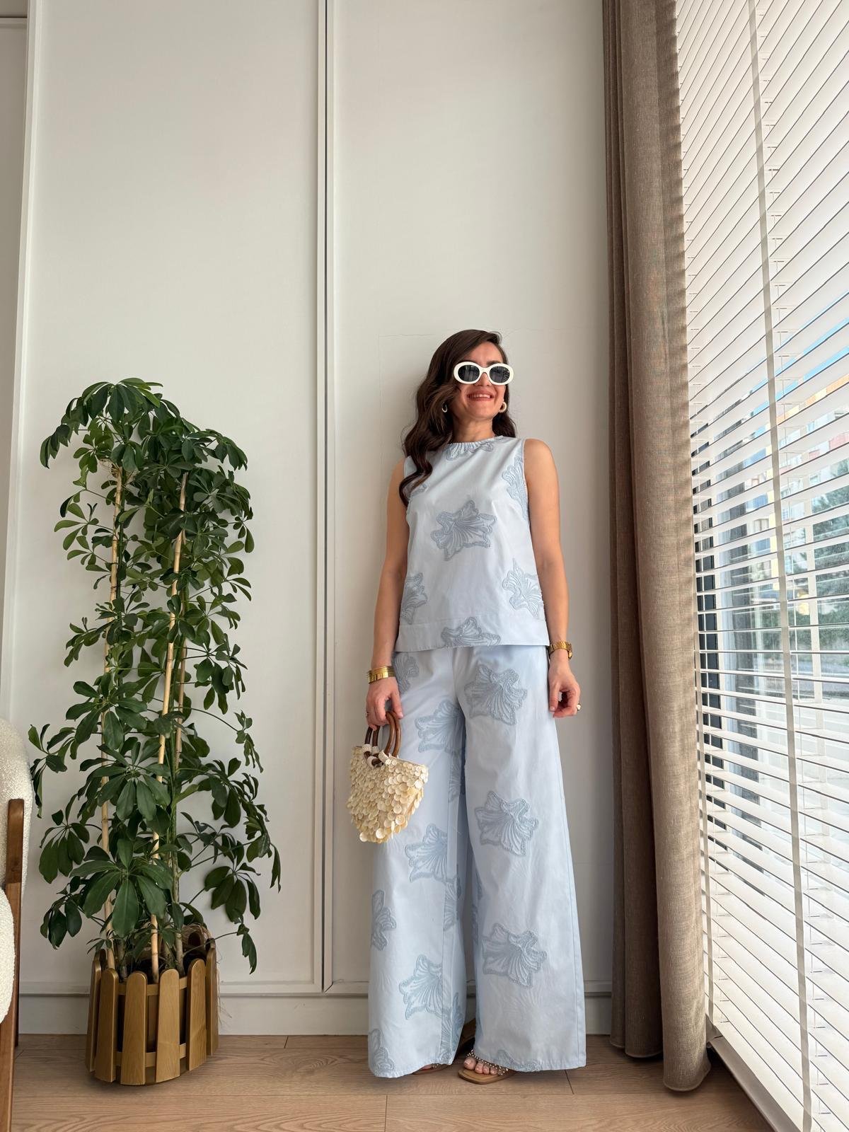 Mavi Nakış Detaylı Bluz Pantolon Takım 16871