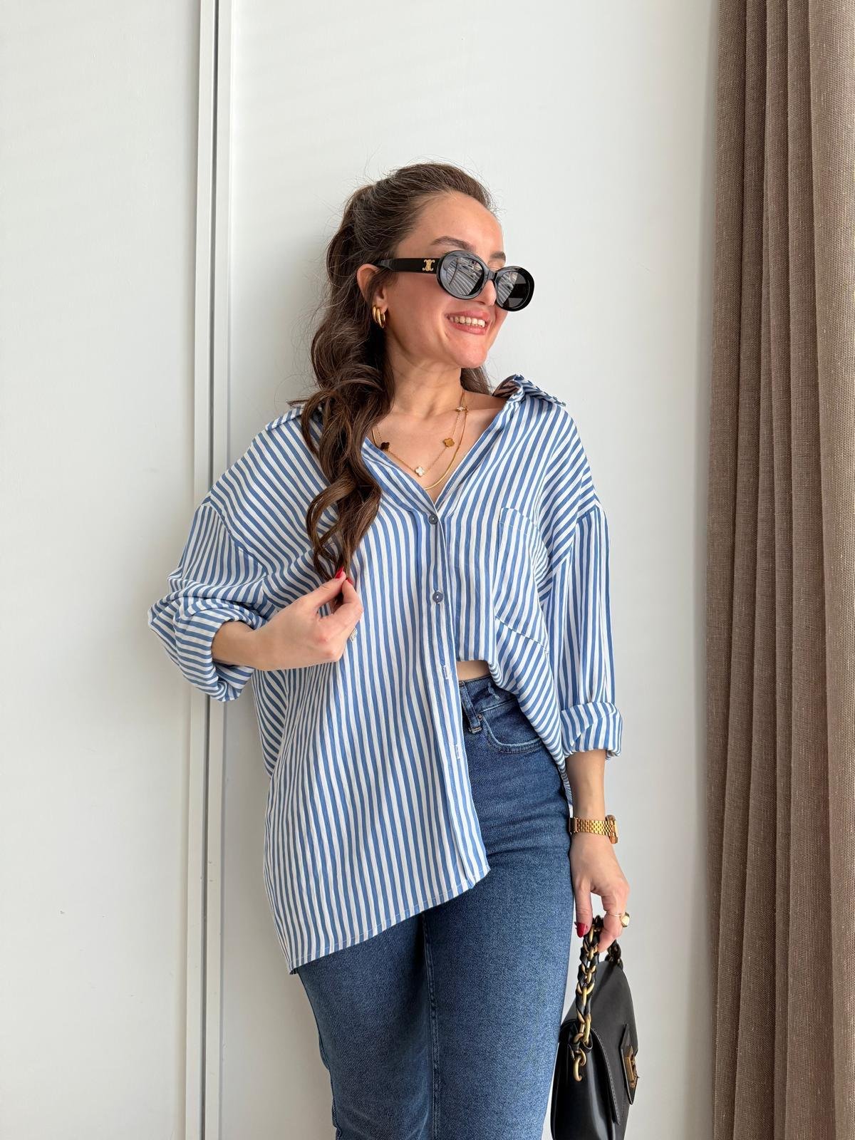 Mavi Ön Cepli İnce Çizgili Oversize Gömlek 5305