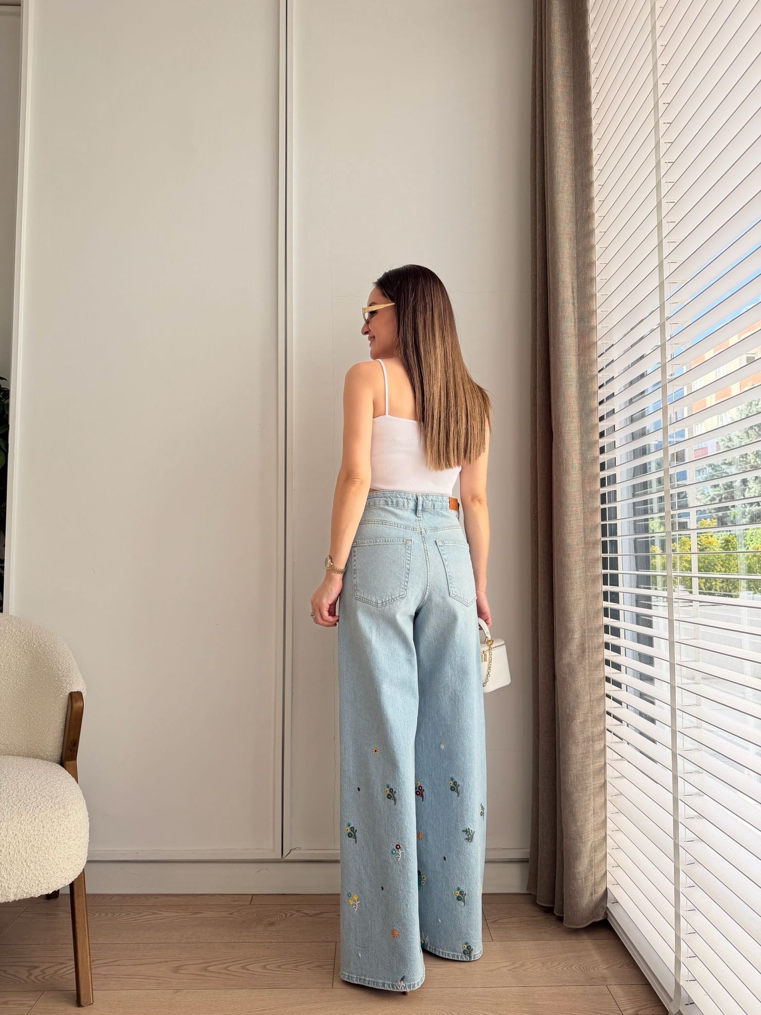 Mavi Paçası Nakışlı Palazzo Jean D1031