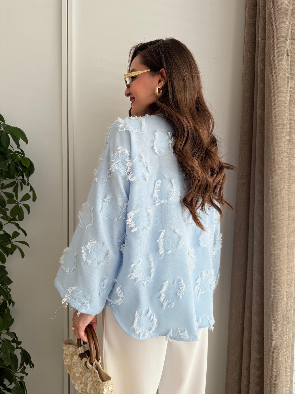 Mavi Püskül Detaylı Ön Bağlamalı Kimono 7012