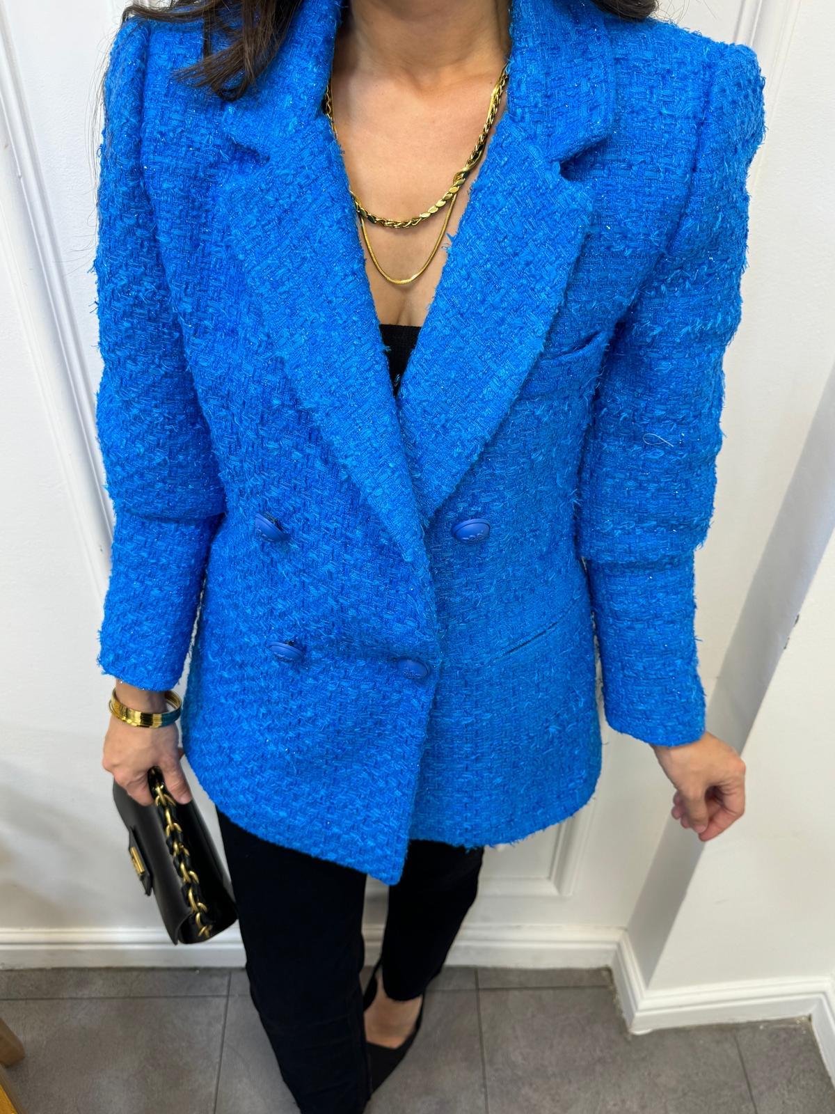 Mavi Simli Cep Detaylı Tüvit Blazer Ceket 02067